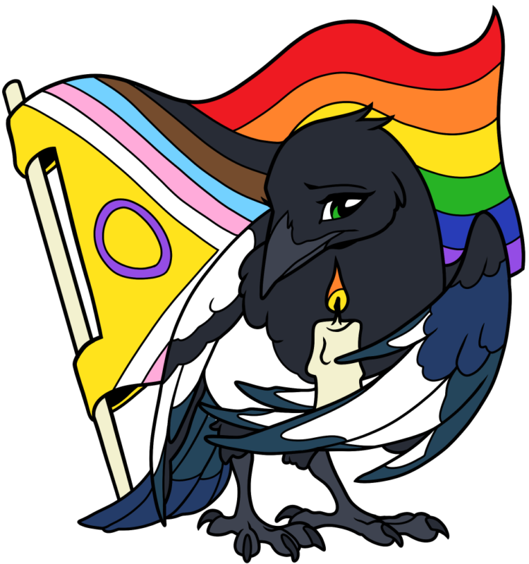 Magpie holding a candle with a pride flag in the background.