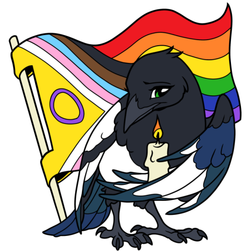 Club Q fundraiser enamel pin design by Fursona Pins. The art shows a magpie holding a lit candle, with a pride flag flying in the background.