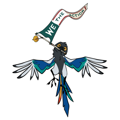 We The Action logo on a flag being held by a magpie (the Magpie Community Events mascot).