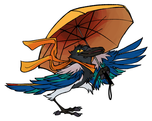 Artwork of our magpie mascot wearing a winter scarf and holding a yellow umbrella (a nod to Rainy Day Anime's mascot)